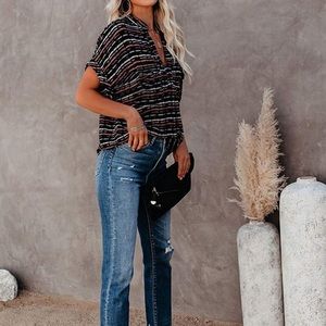 Multicolored | Cuffed Short Sleeve | V Neck | Striped | Blouse | L